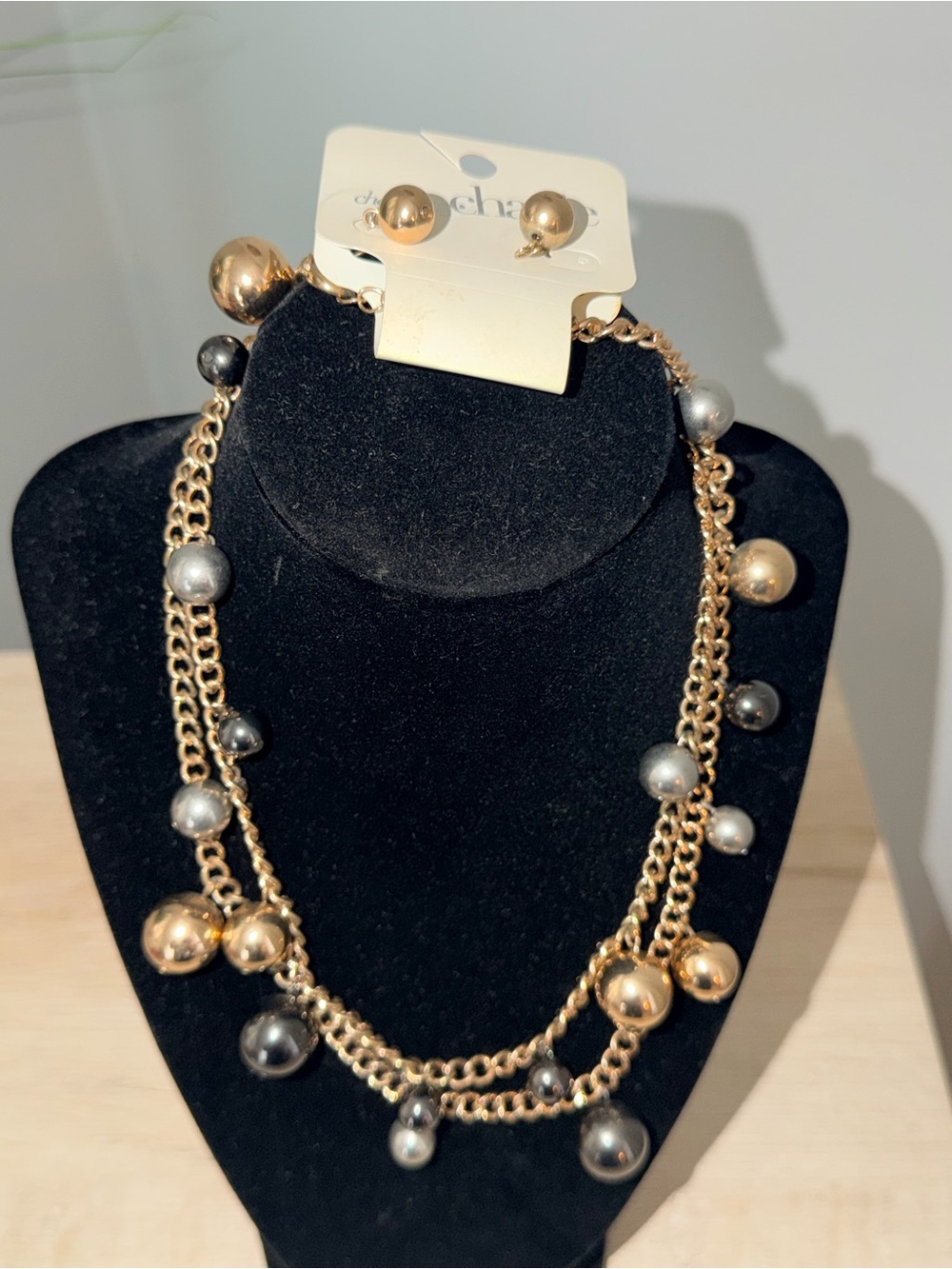 Gold and Gunmetal Beaded Double Chain Necklace with Stud Earrings